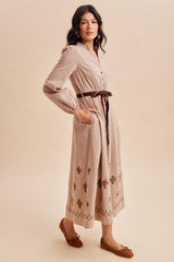 Sepia Button Down Embroidered Plaid Midi Dress