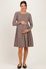 Taupe/ Off White Striped Long Sleeve Maternity Nursing Dress