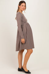 Taupe/ Off White Striped Long Sleeve Maternity Nursing Dress