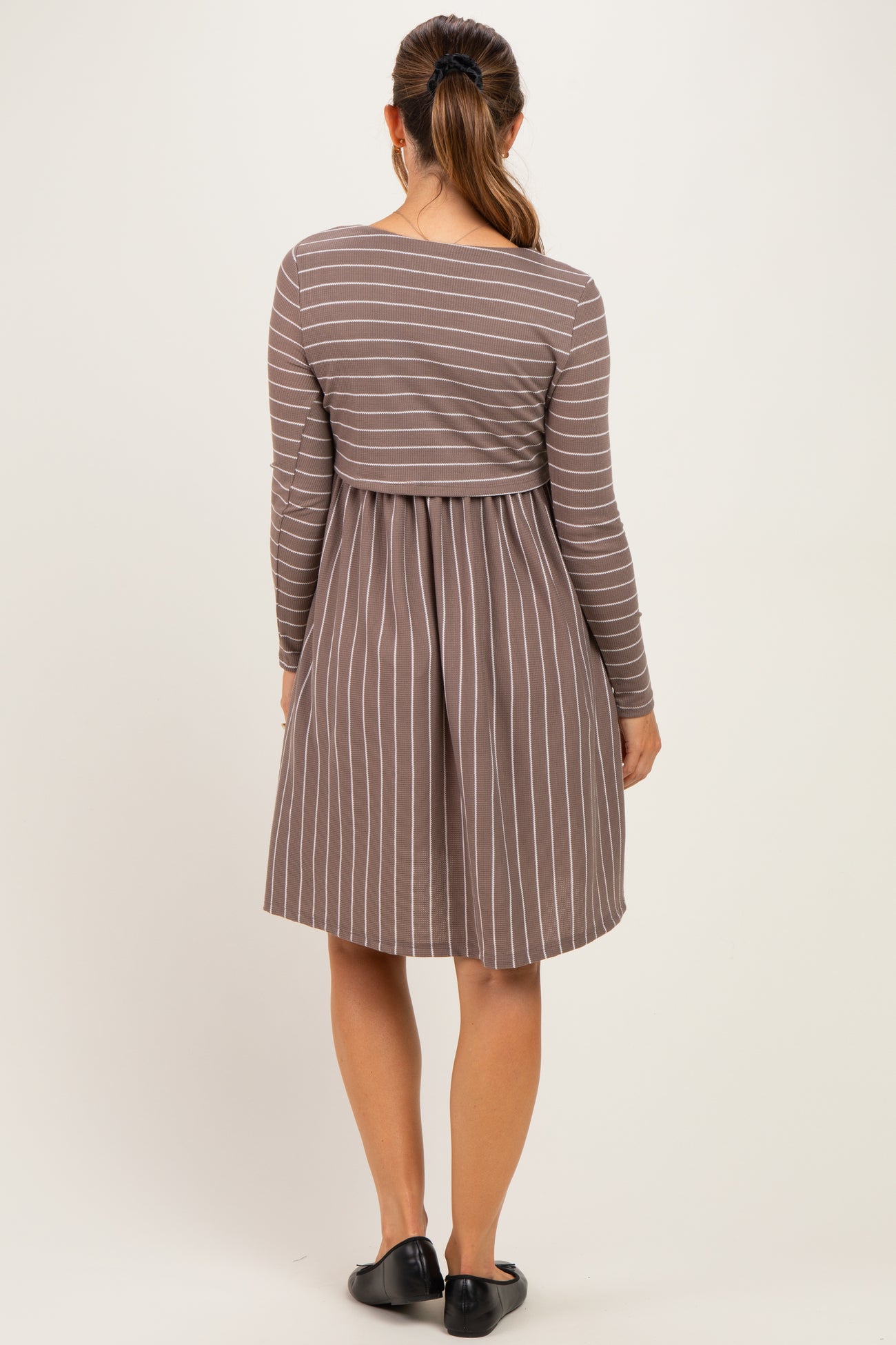 Taupe/ Off White Striped Long Sleeve Maternity Nursing Dress