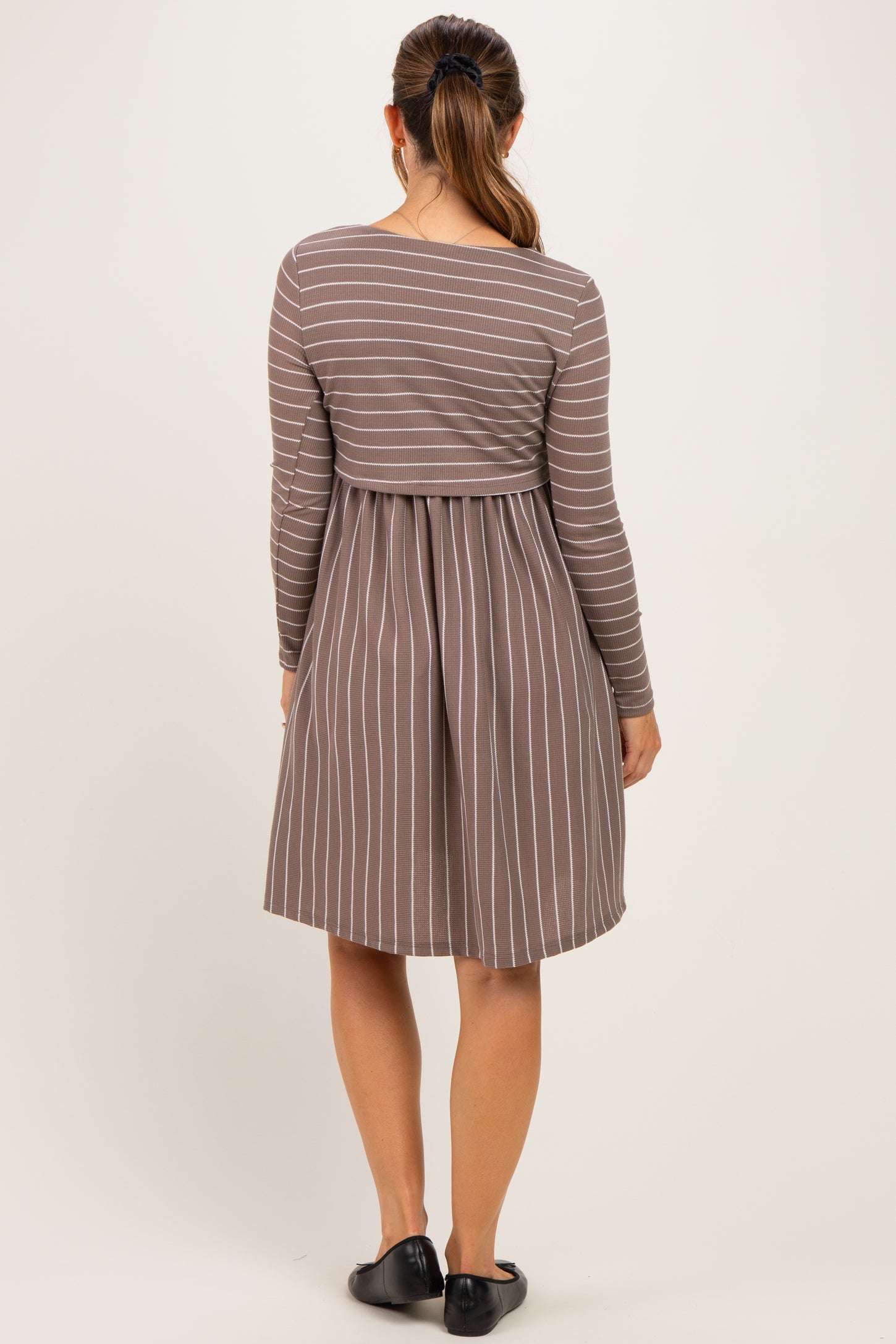 Taupe/ Off White Striped Long Sleeve Maternity Nursing Dress