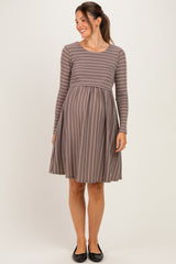 Taupe/ Off White Striped Long Sleeve Maternity Nursing Dress