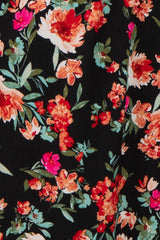floral print maternity dress in black with red, pink, and teal flowers, perfect for pregnant wear