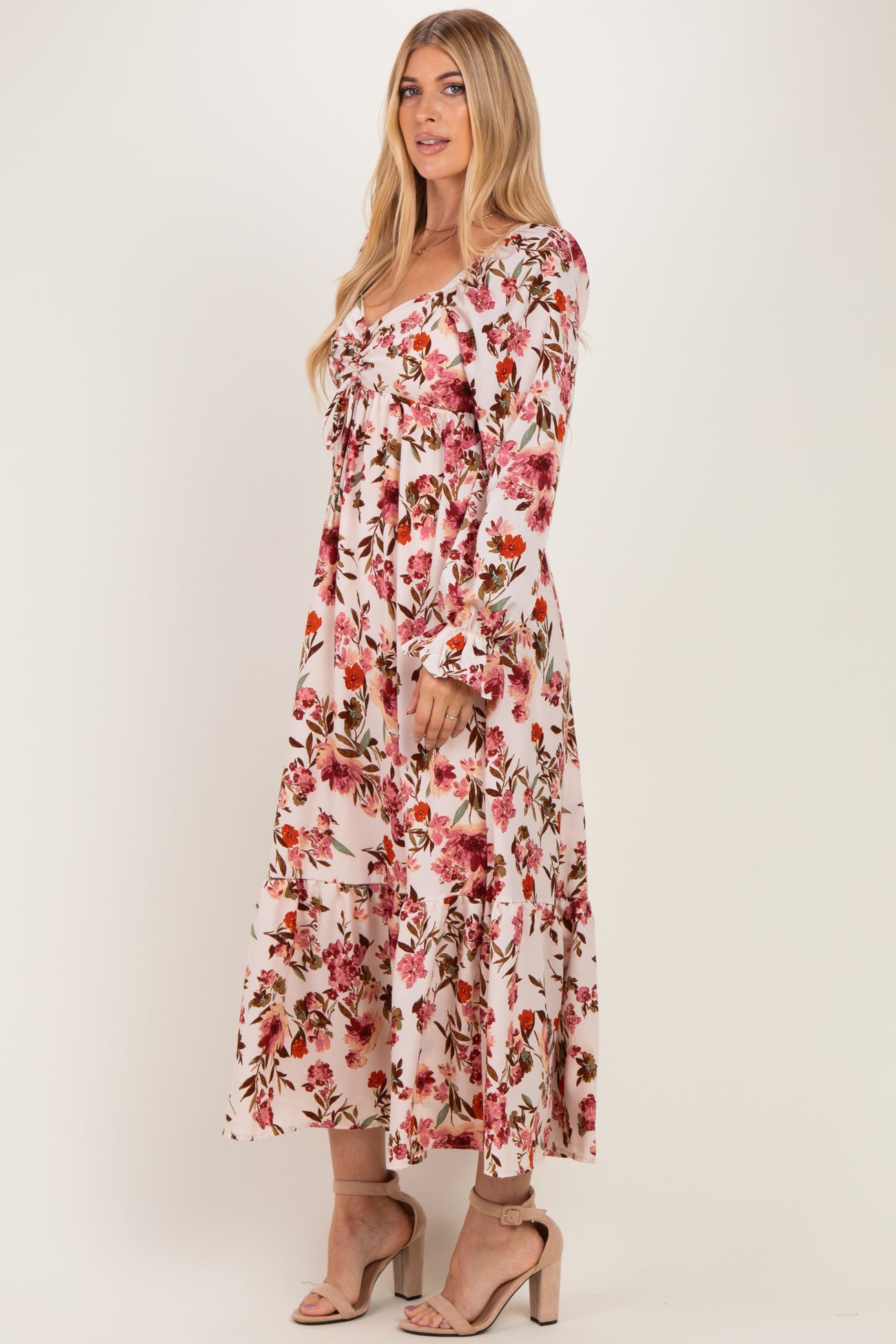 Cream Floral Long Sleeve Maxi Dress