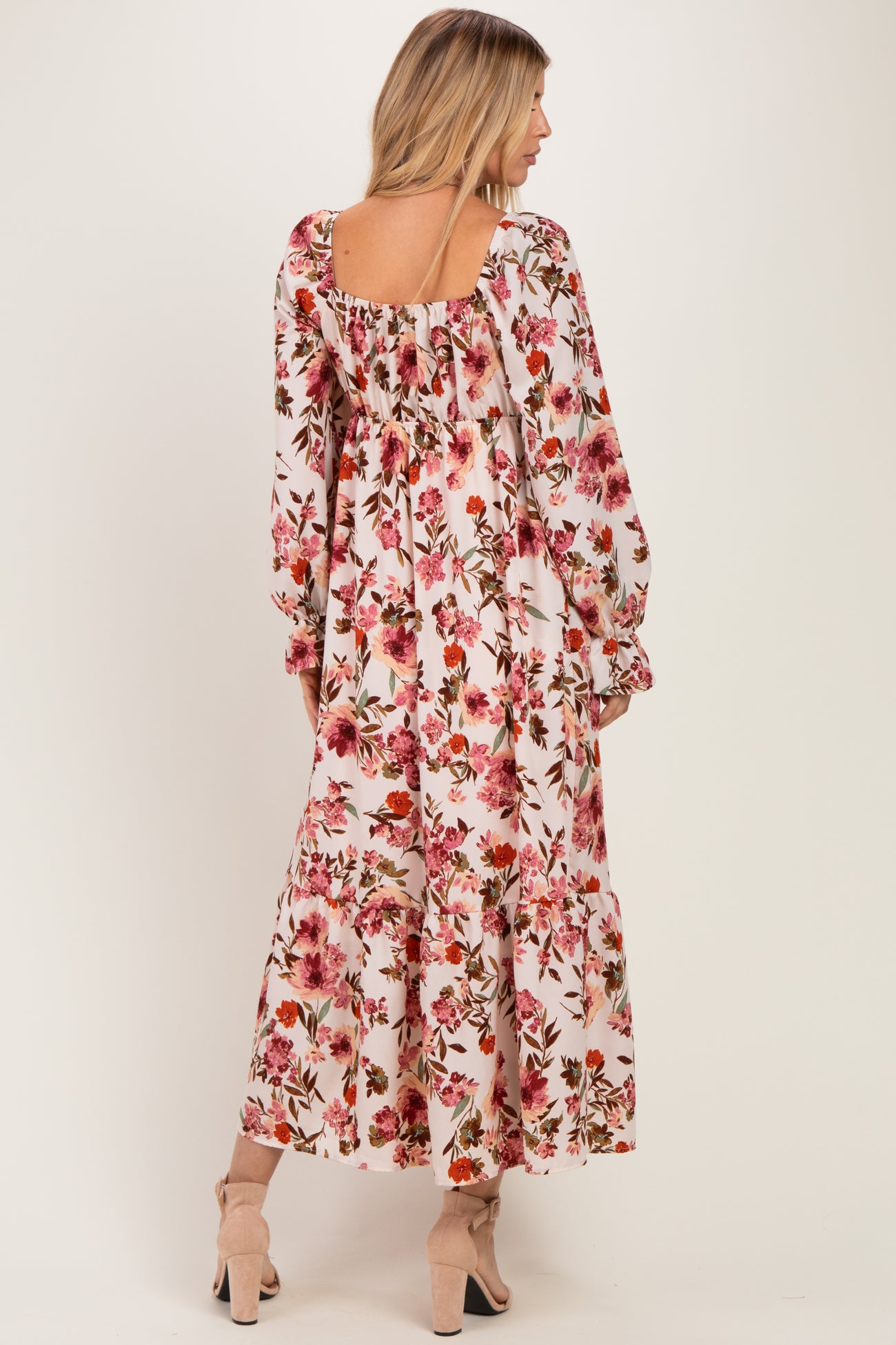 Cream Floral Long Sleeve Maxi Dress