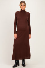 Brown Turtleneck Long Sleeve Maternity Maxi Dress