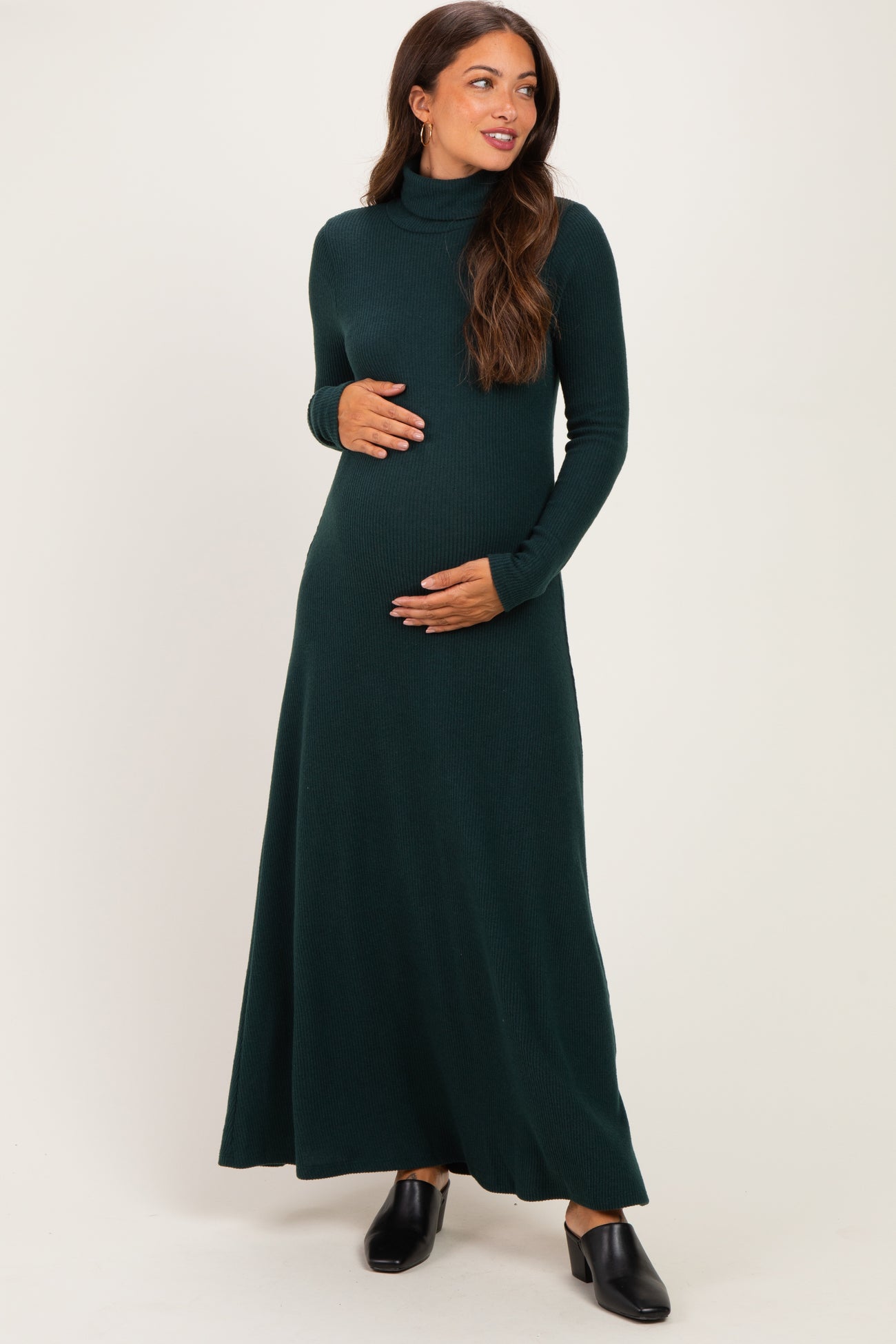 Hunter Green Turtleneck Long Sleeve Maternity Maxi Dress