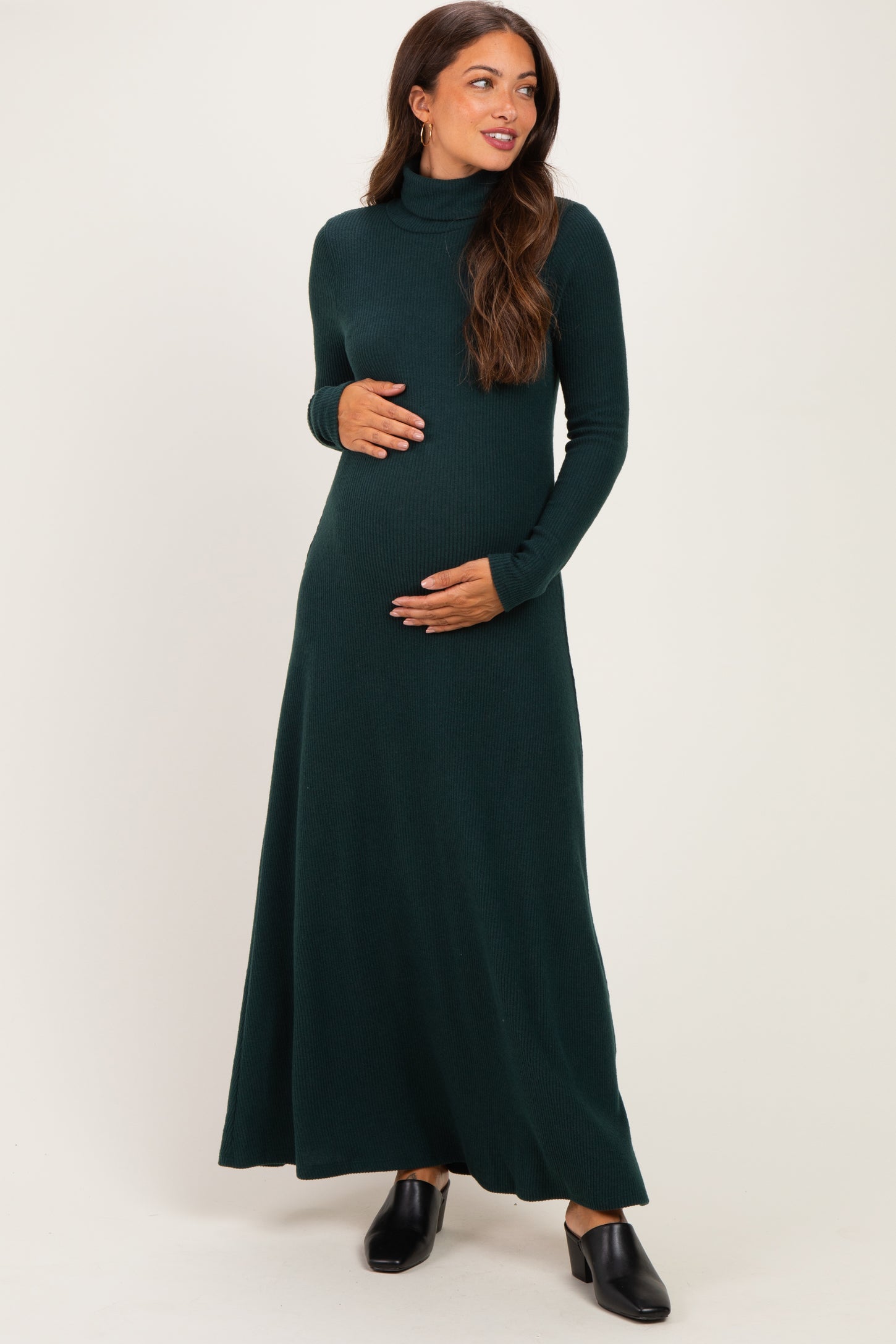 Hunter Green Turtleneck Long Sleeve Maternity Maxi Dress