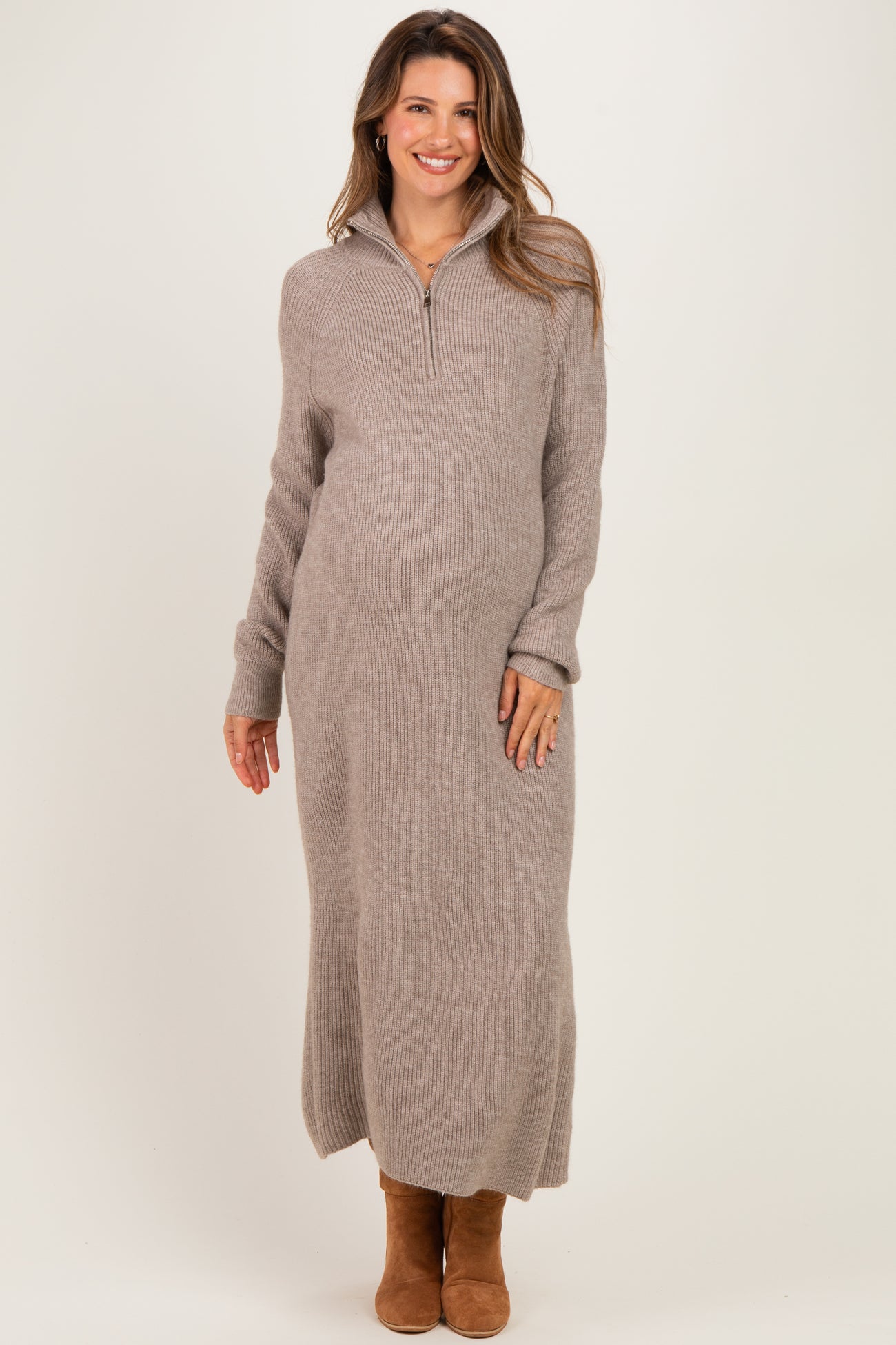 Mocha Ribbed Knit Half-Zip Maternity Midi Sweater Dress