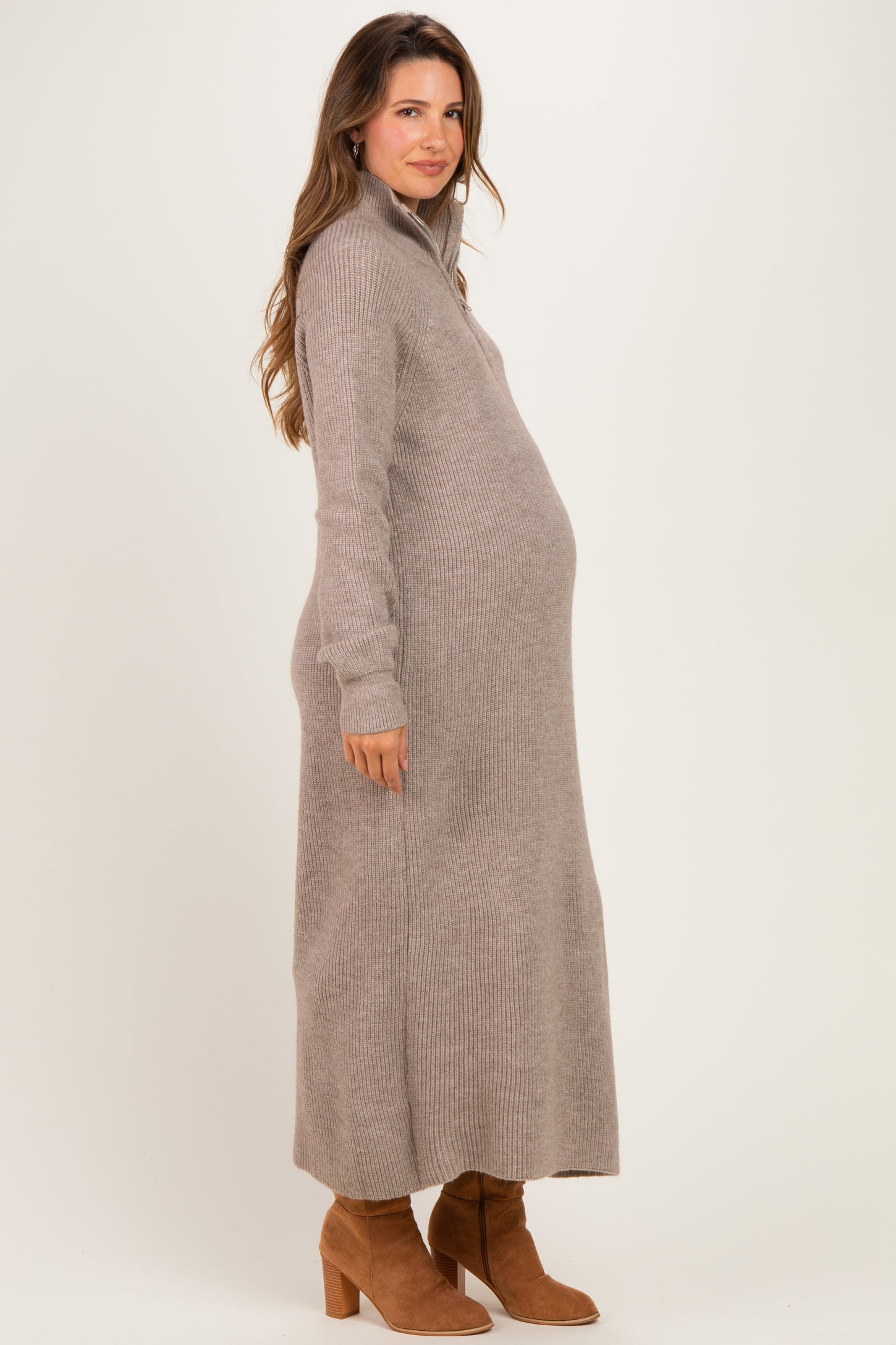 Mocha Ribbed Knit Half-Zip Maternity Midi Sweater Dress
