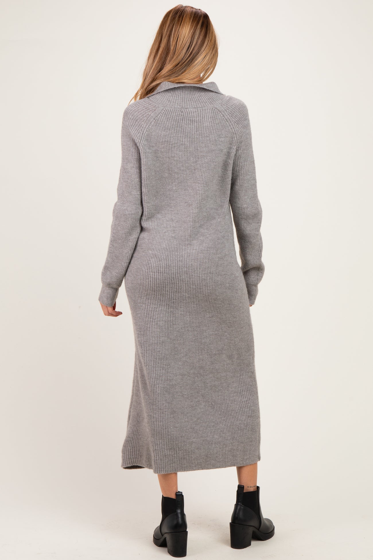 Grey Ribbed Knit Half-Zip Maternity Midi Sweater Dress