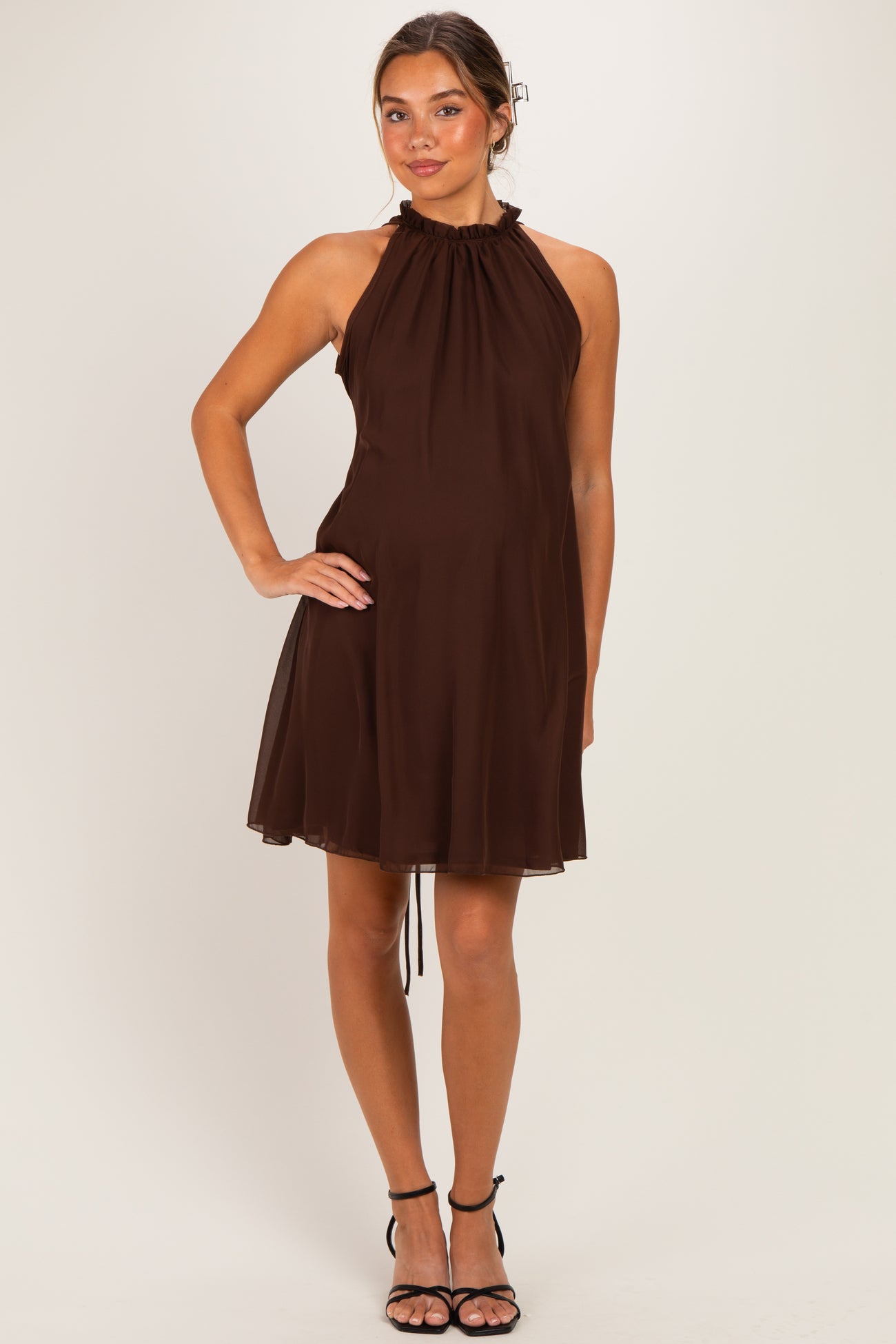 Brown Chiffon High Neck Maternity Dress