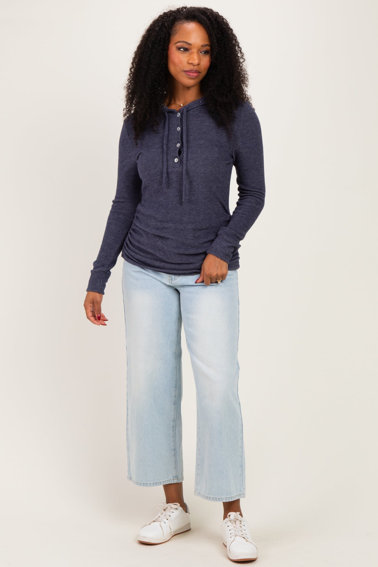 Navy Long Sleeve Button Front Long Sleeve Fitted Top
