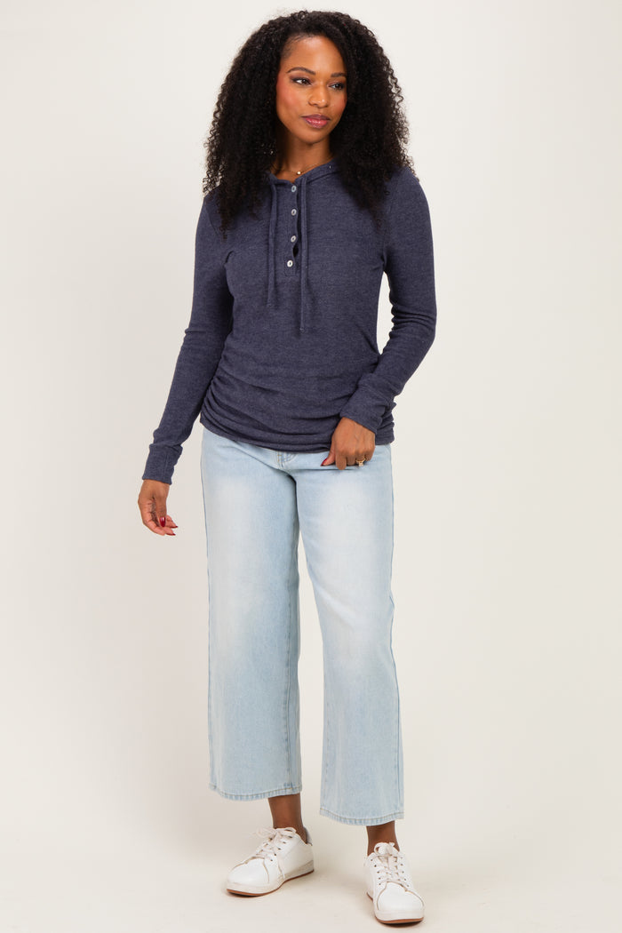 Navy Long Sleeve Button Front Long Sleeve Fitted Top