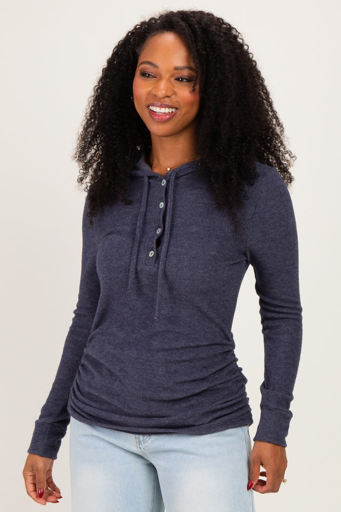Navy Long Sleeve Button Front Long Sleeve Fitted Top