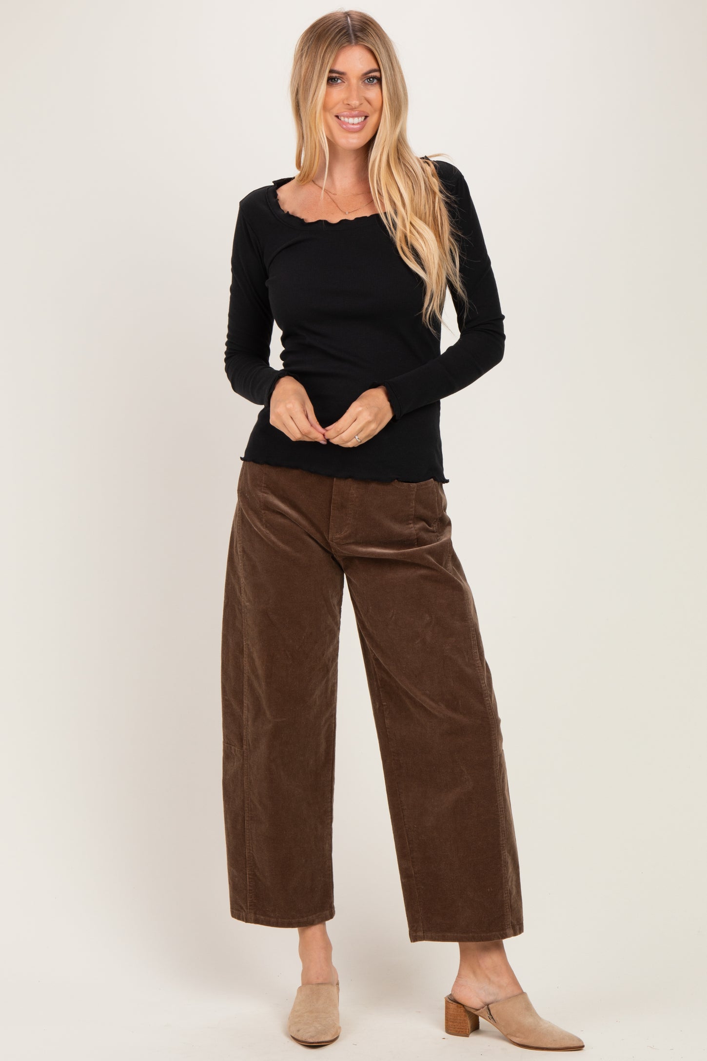 Black Lettuce Hem Fitted Long Sleeve Top