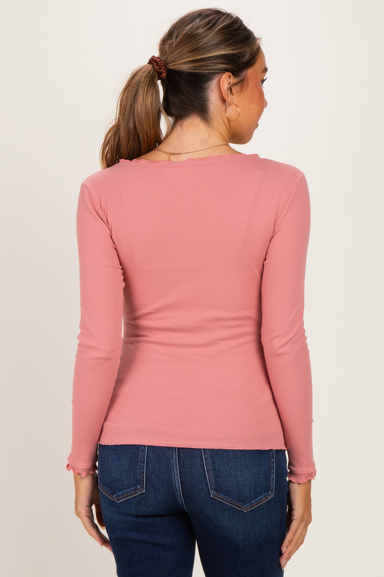 Mauve Lettuce Hem Fitted Long Sleeve Maternity Top