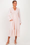 Beige Smocked Top Long Sleeve Ruffle Hem Midi Dress