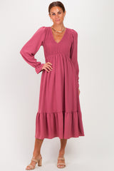 Mauve Smocked Top Long Sleeve Ruffle Hem Maternity Midi Dress
