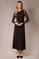 Dark Brown Draped Neckline Mesh Long Sleeve Maternity Midi Dress
