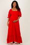 Red Cotton Gauze Square Neck 3/4 Sleeve Maternity Maxi Dress