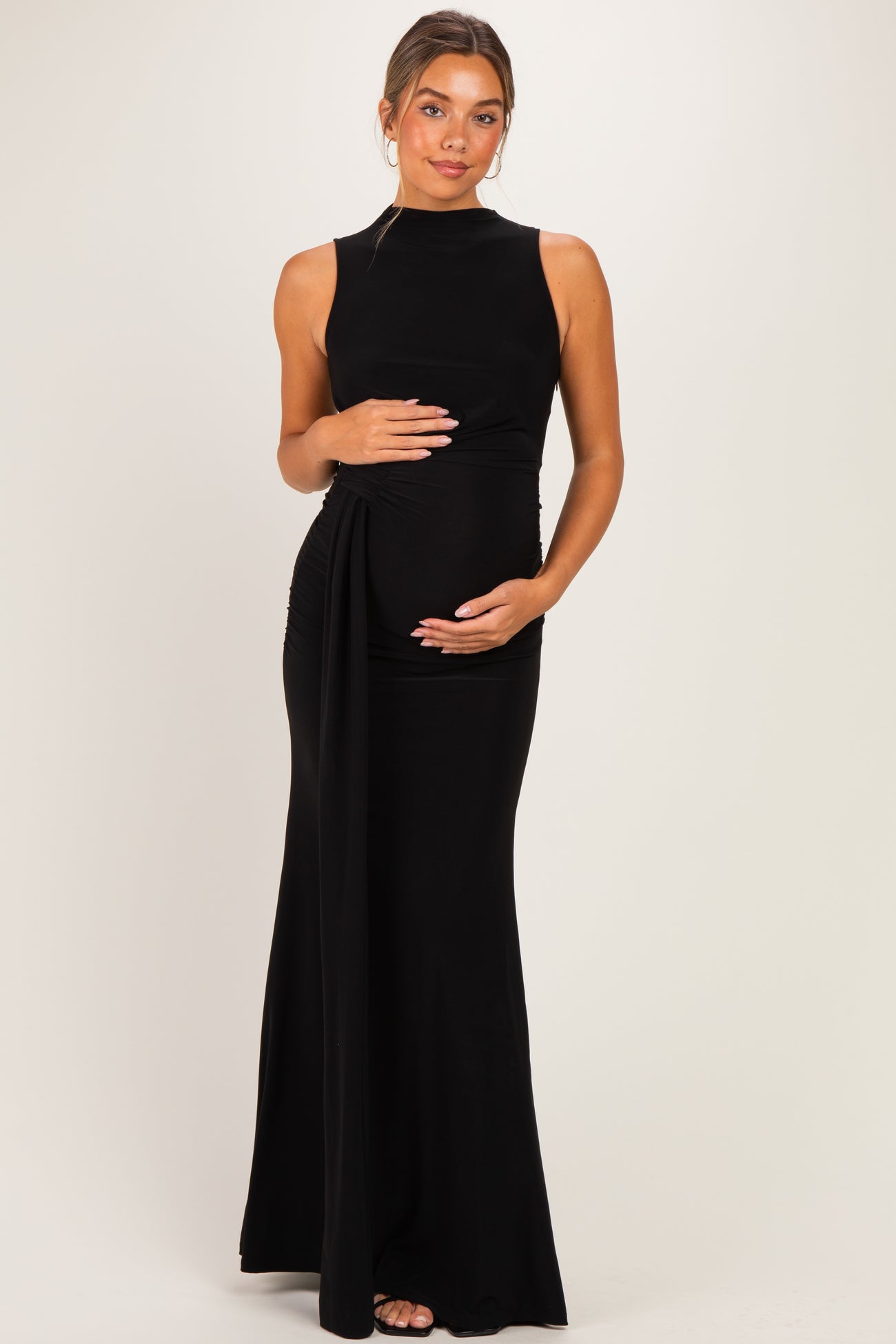 Black Sleeveless Side Draped Maternity Maxi Dress