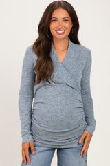 Light Blue Soft Heathered Draped Wrap Maternity/Nursing Top