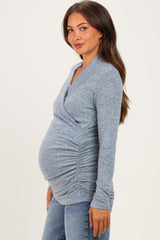 Light Blue Soft Heathered Draped Wrap Maternity/Nursing Top