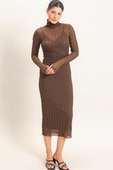 Brown Ribbed Mesh Knit Midi Dress
