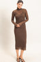 Brown Ribbed Mesh Knit Midi Dress