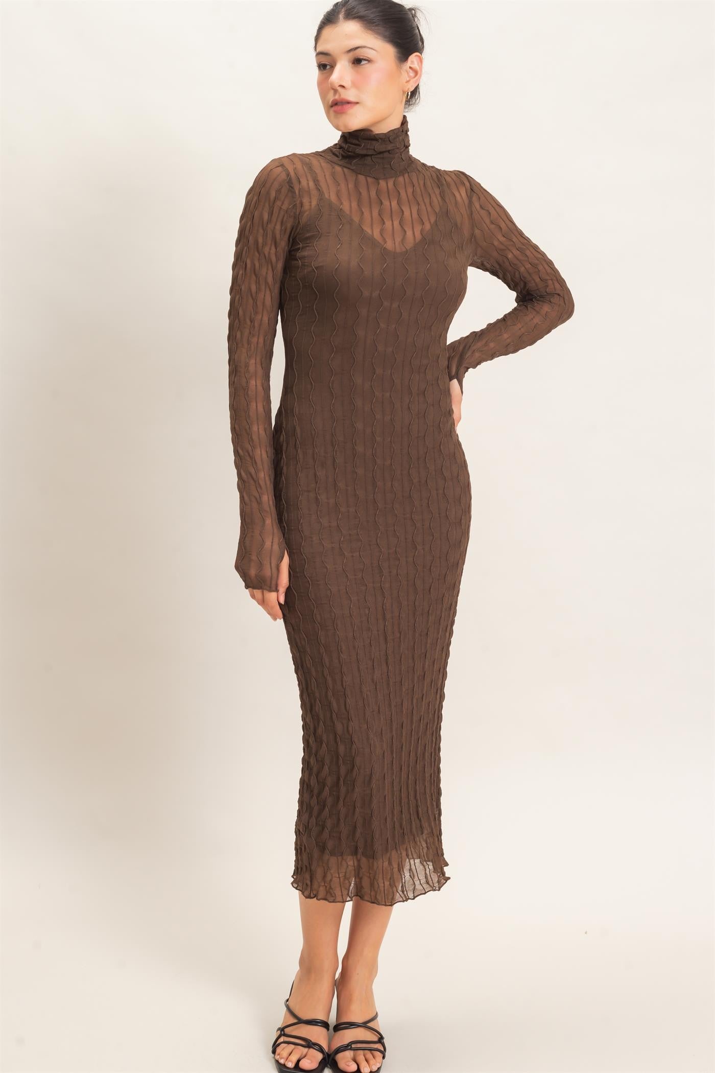 Brown Ribbed Mesh Knit Midi Dress