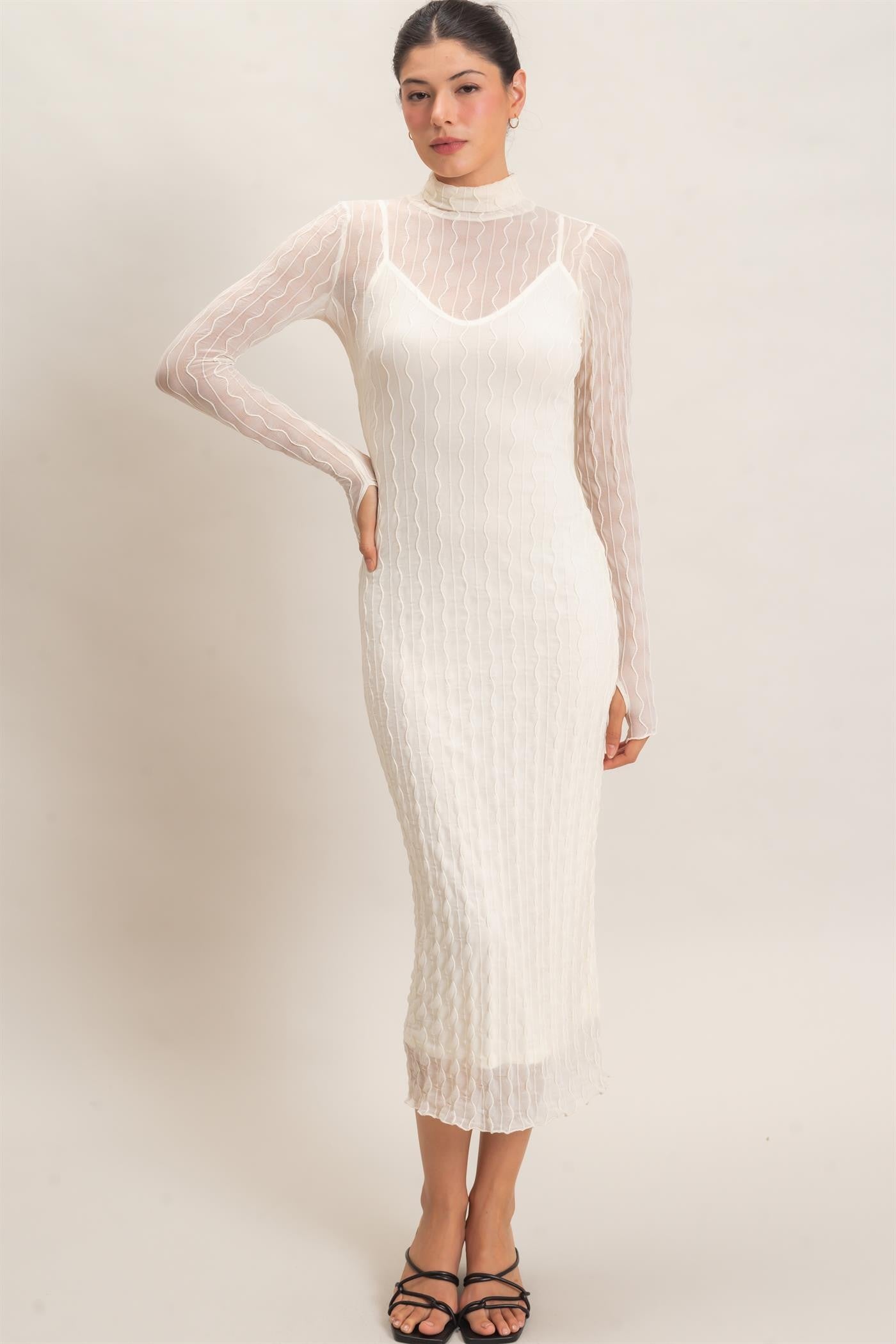 Cream Ribbed Mesh Knit Midi Dress