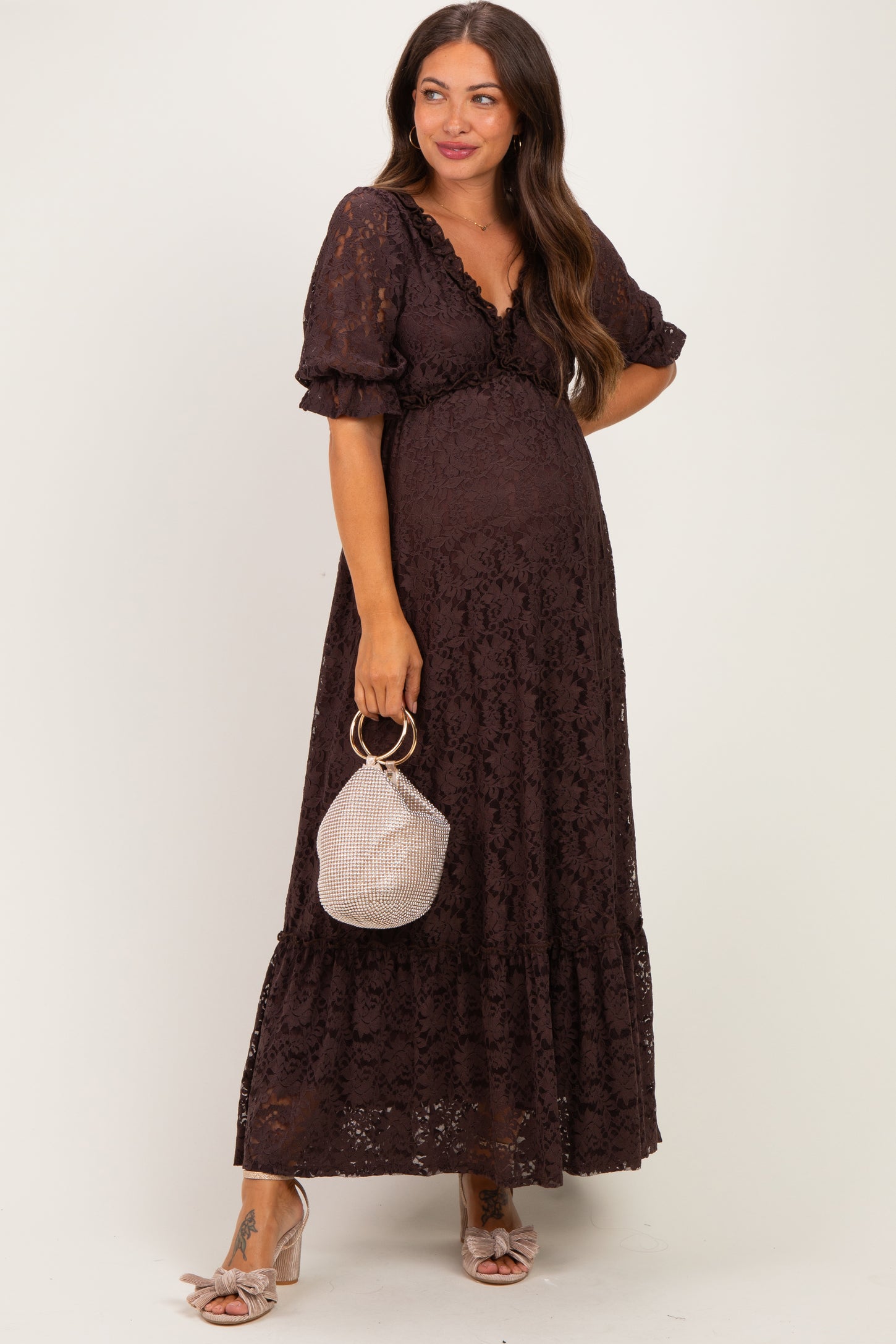 Brown Floral Lace V-Neck Maternity Maxi Dress