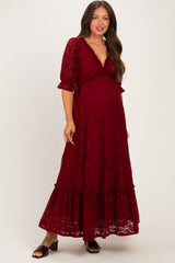 Burgundy Floral Lace V-Neck Maternity Maxi Dress