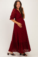 Burgundy Floral Lace V-Neck Maternity Maxi Dress