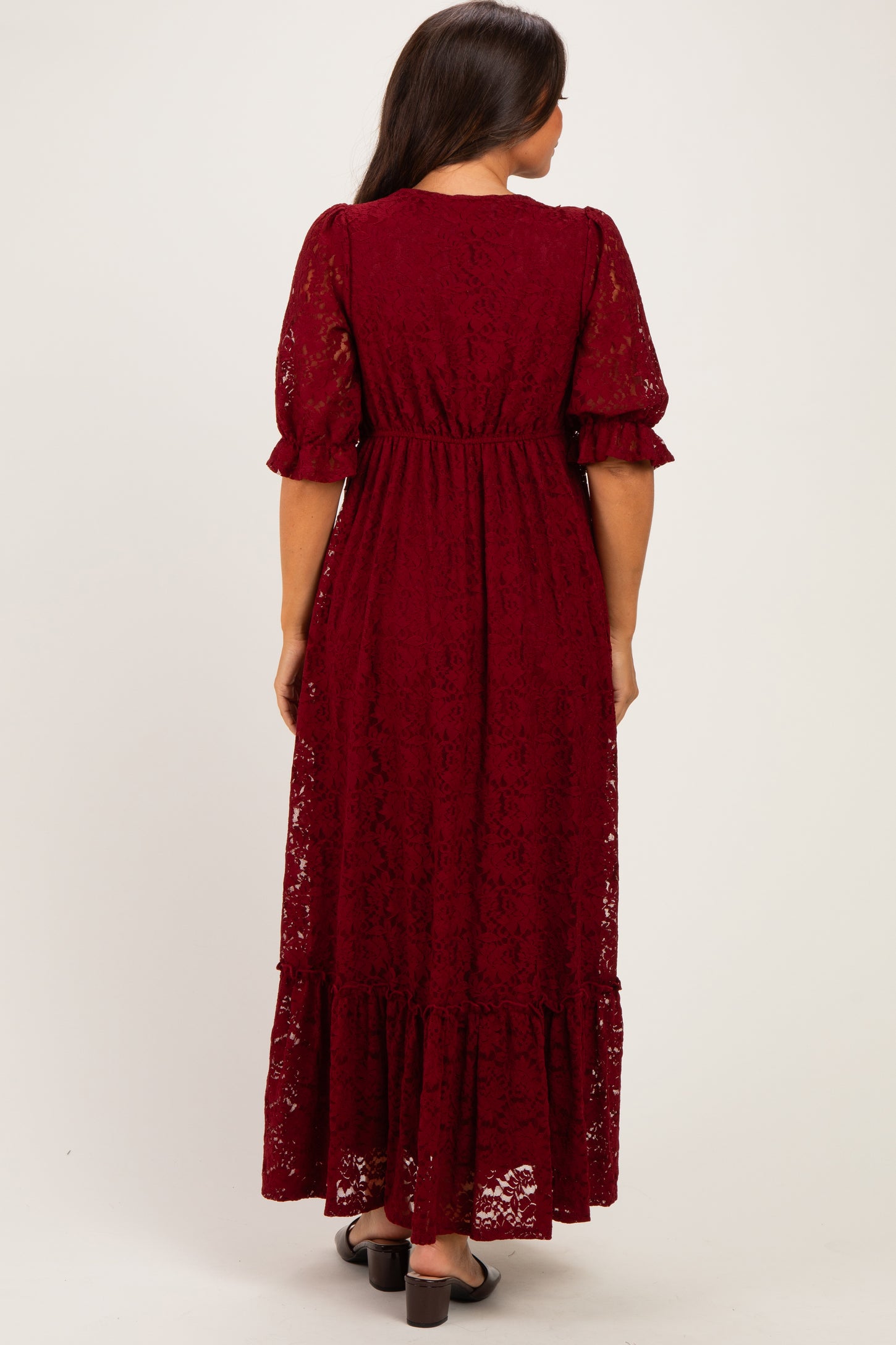 Burgundy Floral Lace V-Neck Maternity Maxi Dress