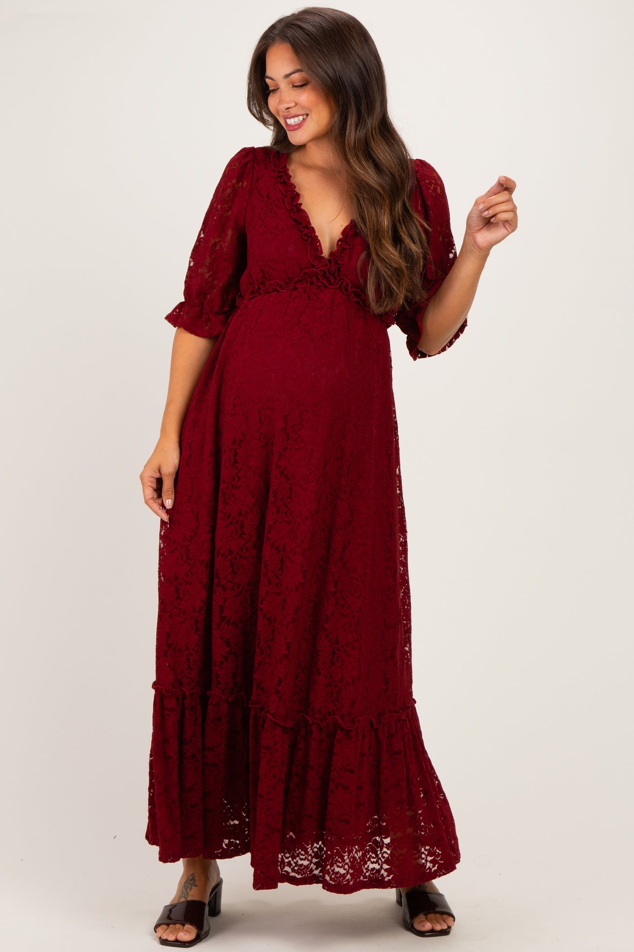 Burgundy Floral Lace V-Neck Maternity Maxi Dress