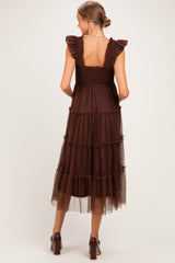 Brown Smocked Polka Dot Tulle Maternity Midi Dress