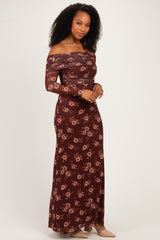 Burgundy Floral Mesh Off Shoulder Long Sleeve Maxi Dress