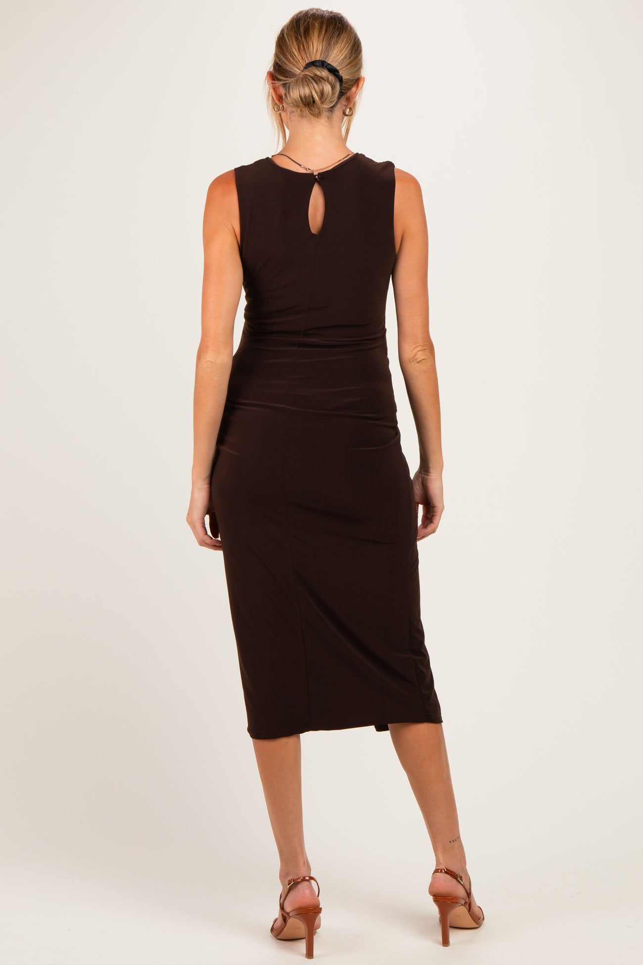 Dark Brown Sleeveless Side Knot Maternity Midi Dress