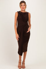 Dark Brown Sleeveless Side Knot Maternity Midi Dress