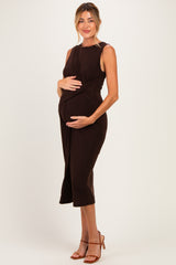 Dark Brown Sleeveless Side Knot Maternity Midi Dress
