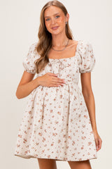 Oatmeal Floral Puff Sleeve Square Neck Maternity Mini Dress