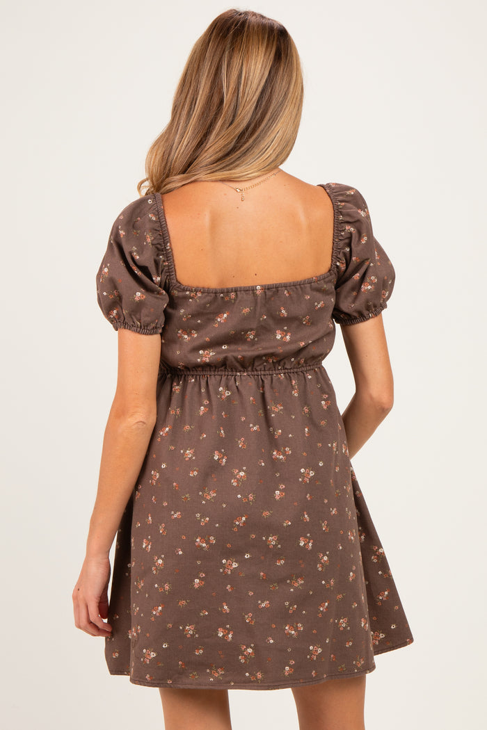 Brown Floral Puff Sleeve Square Neck Maternity Mini Dress