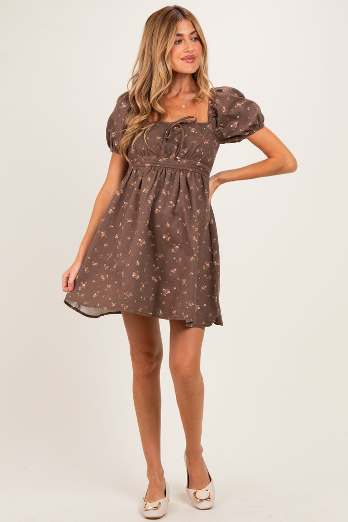 Brown Floral Puff Sleeve Square Neck Maternity Mini Dress