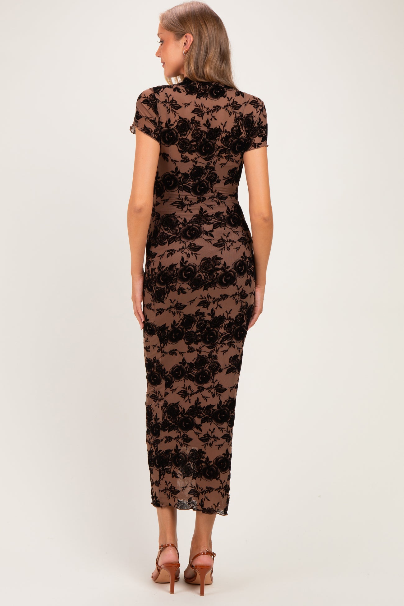 Mocha Floral Mesh Short Sleeve Maternity Midi Dress