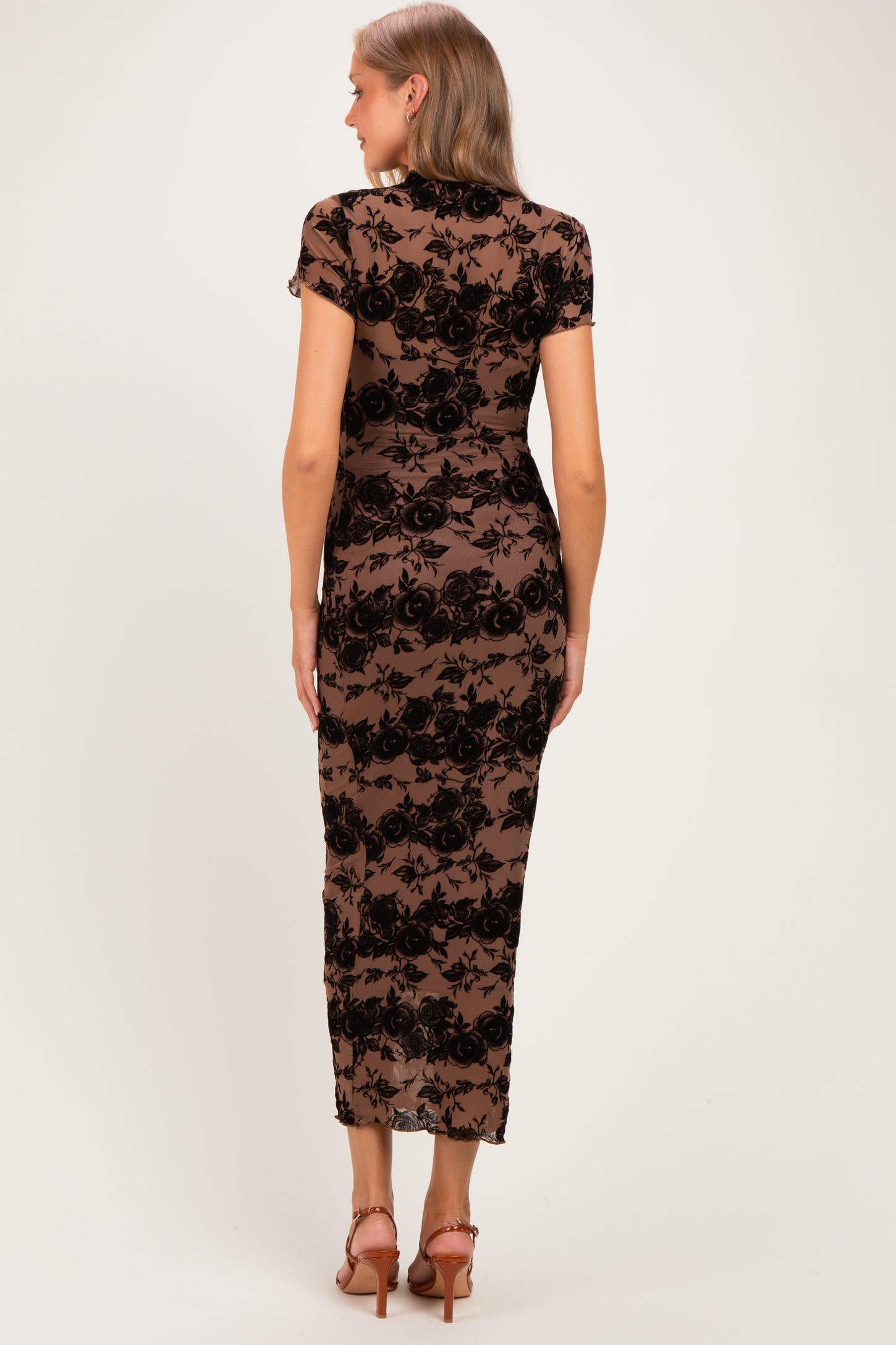 Mocha Floral Mesh Short Sleeve Maternity Midi Dress