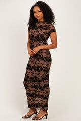 Mocha Floral Mesh Short Sleeve Midi Dress
