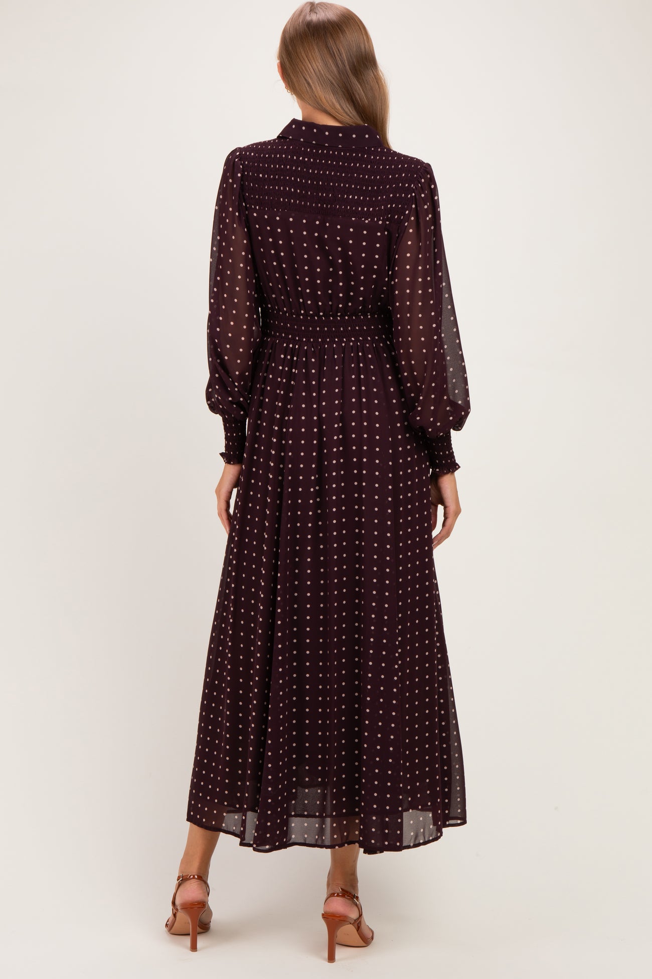 Burnt Mocha Polka Dot Chiffon Button Down Maternity Maxi Dress