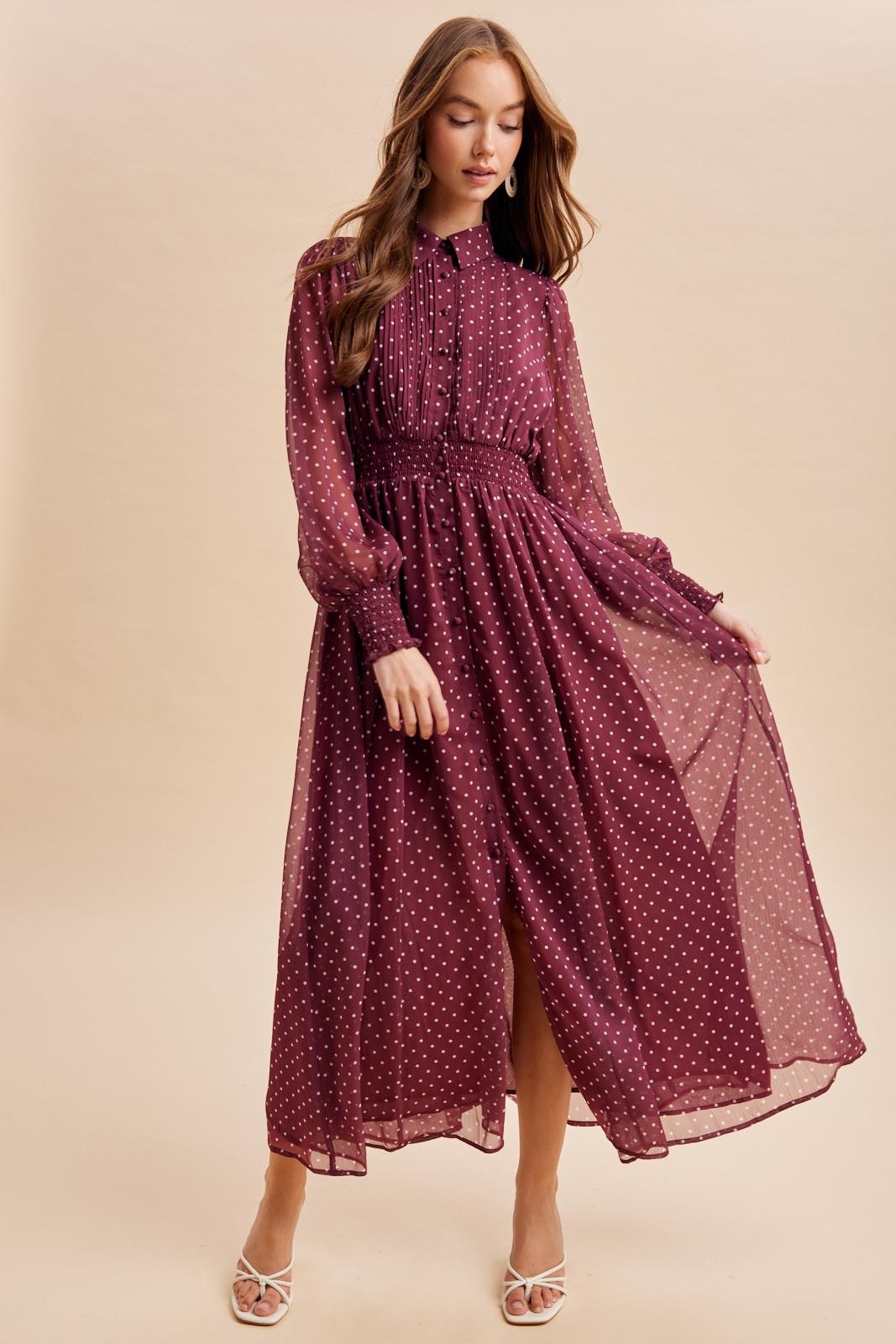 Bordeaux Polka Dot Chiffon Button Down Maternity Maxi Dress